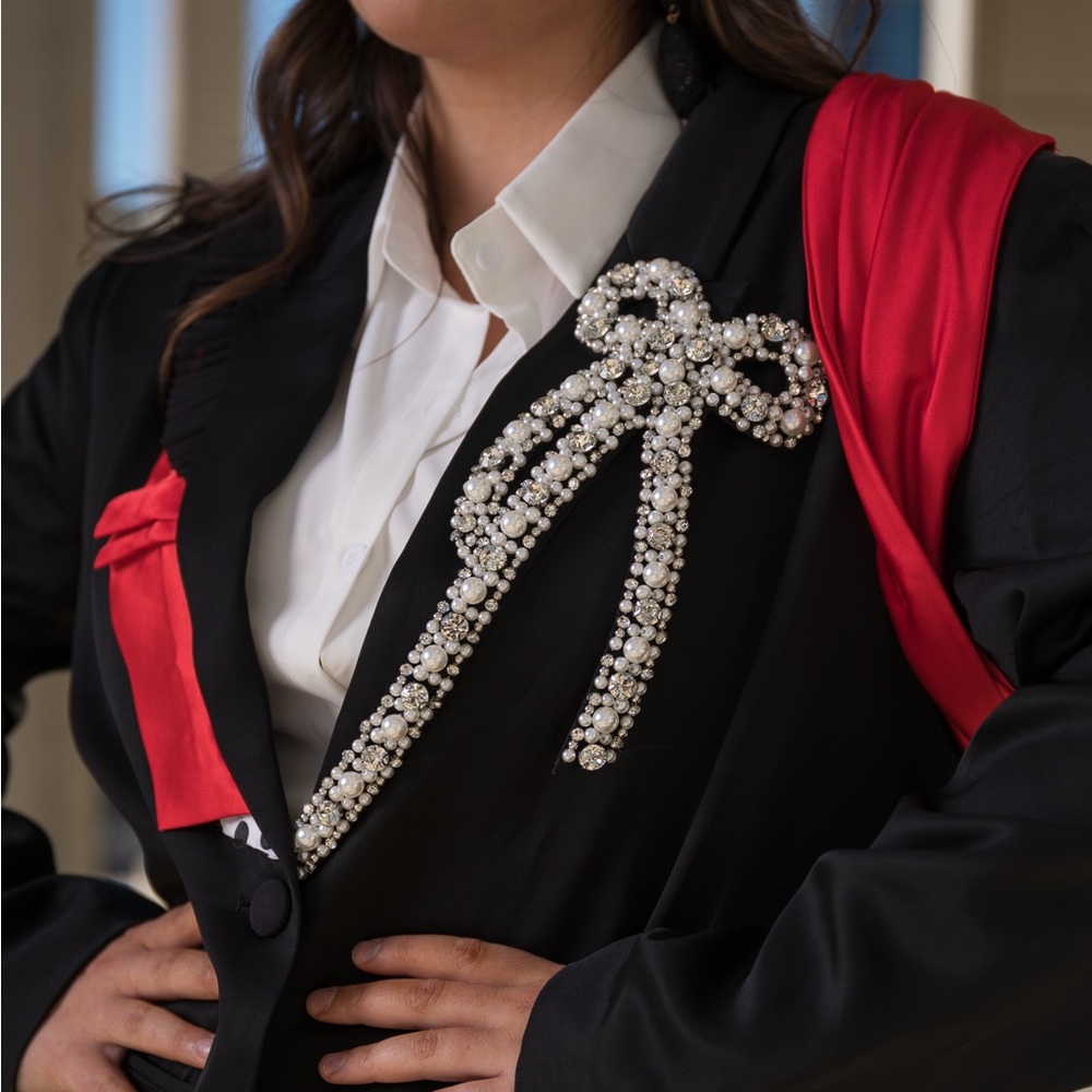 Black Blazer with Pearl Bow Accent and Red Details